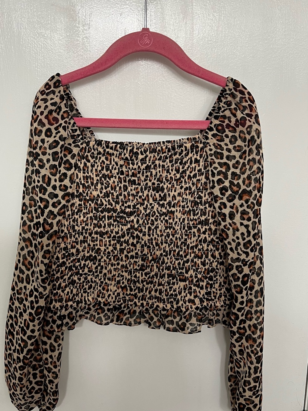 art class Leopard Smocked Long Sleeve Crop Top - Brown/Cream/Black